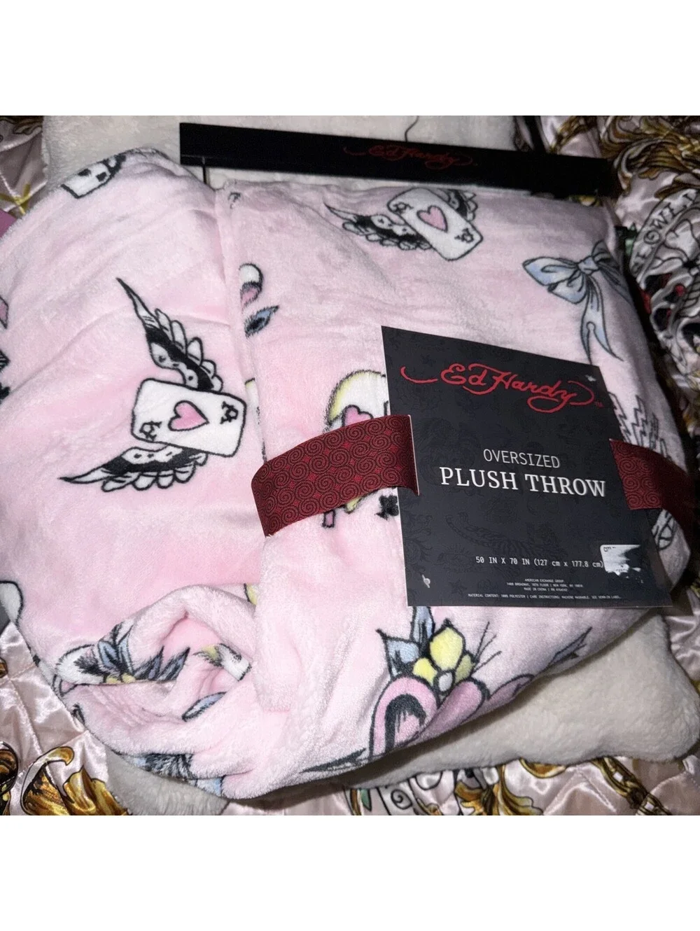 New Ed Hardy Pink Throw Blanket 50x70 Dice 7 Heart Wings Y2K Cute
